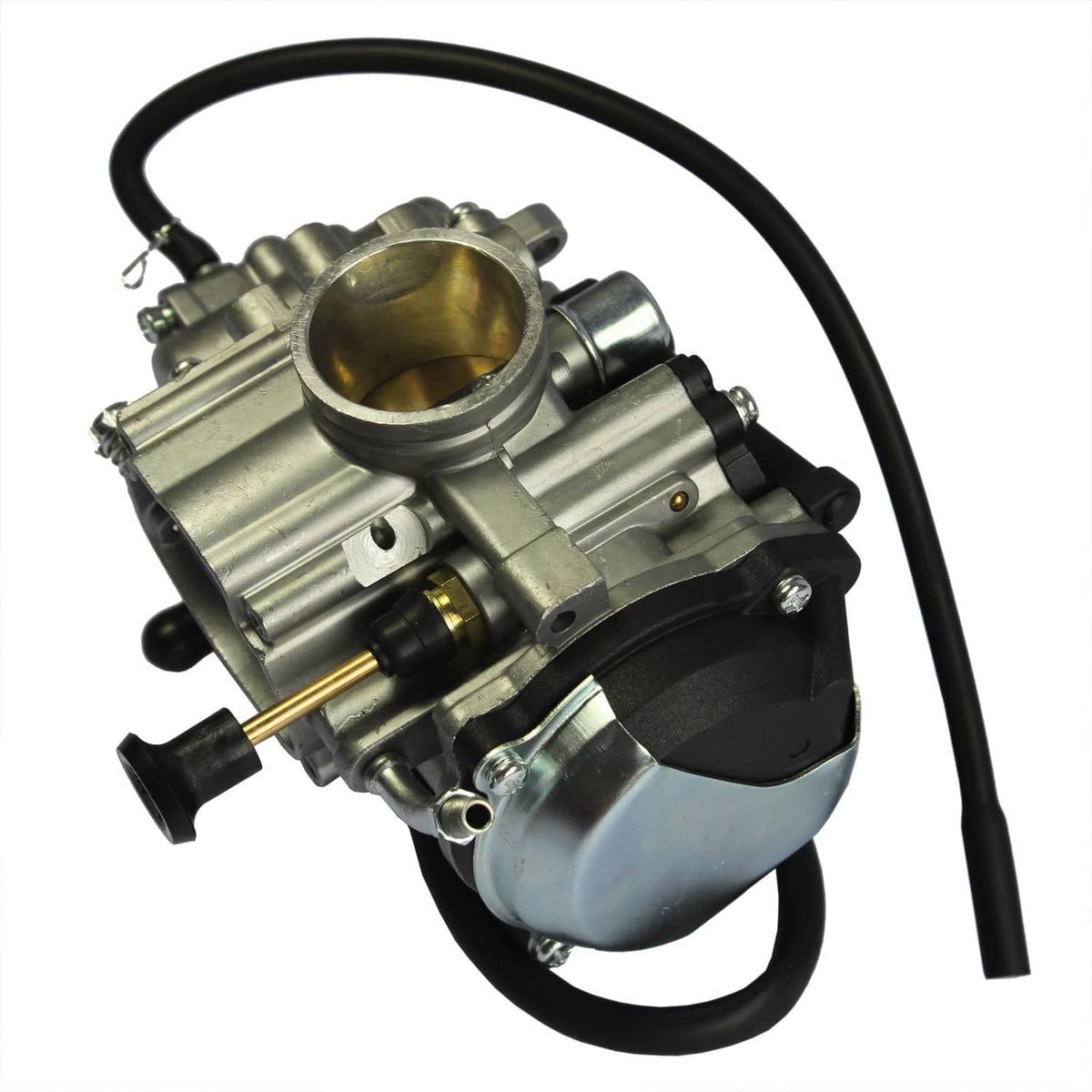 ATV carburetor with black choke lever, fuel inlet, and attached hoses