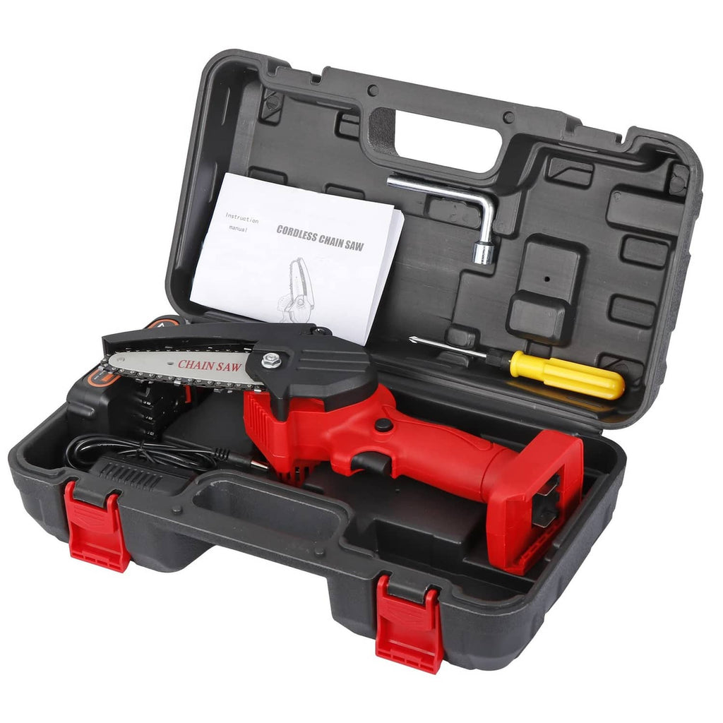 Mini cordless chainsaw stored in open hard case with chain guide and tools