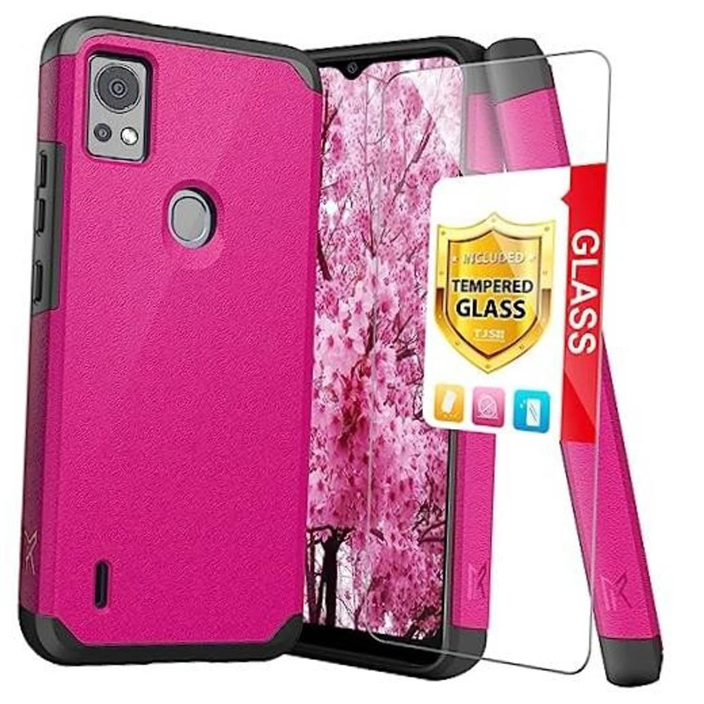 Pink rugged phone case with open side, screen protector and tempered glass included