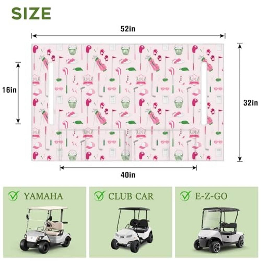 Golf cart seat cover size diagram, fabric panel measures about 52 in by 32 in