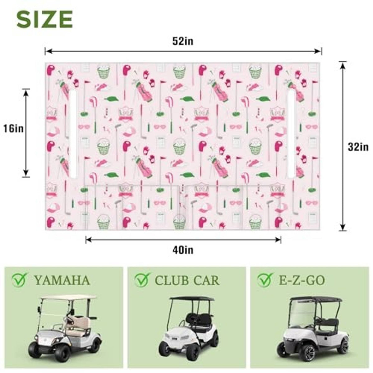 Golf cart seat cover size diagram, fabric panel measures about 52 in by 32 in