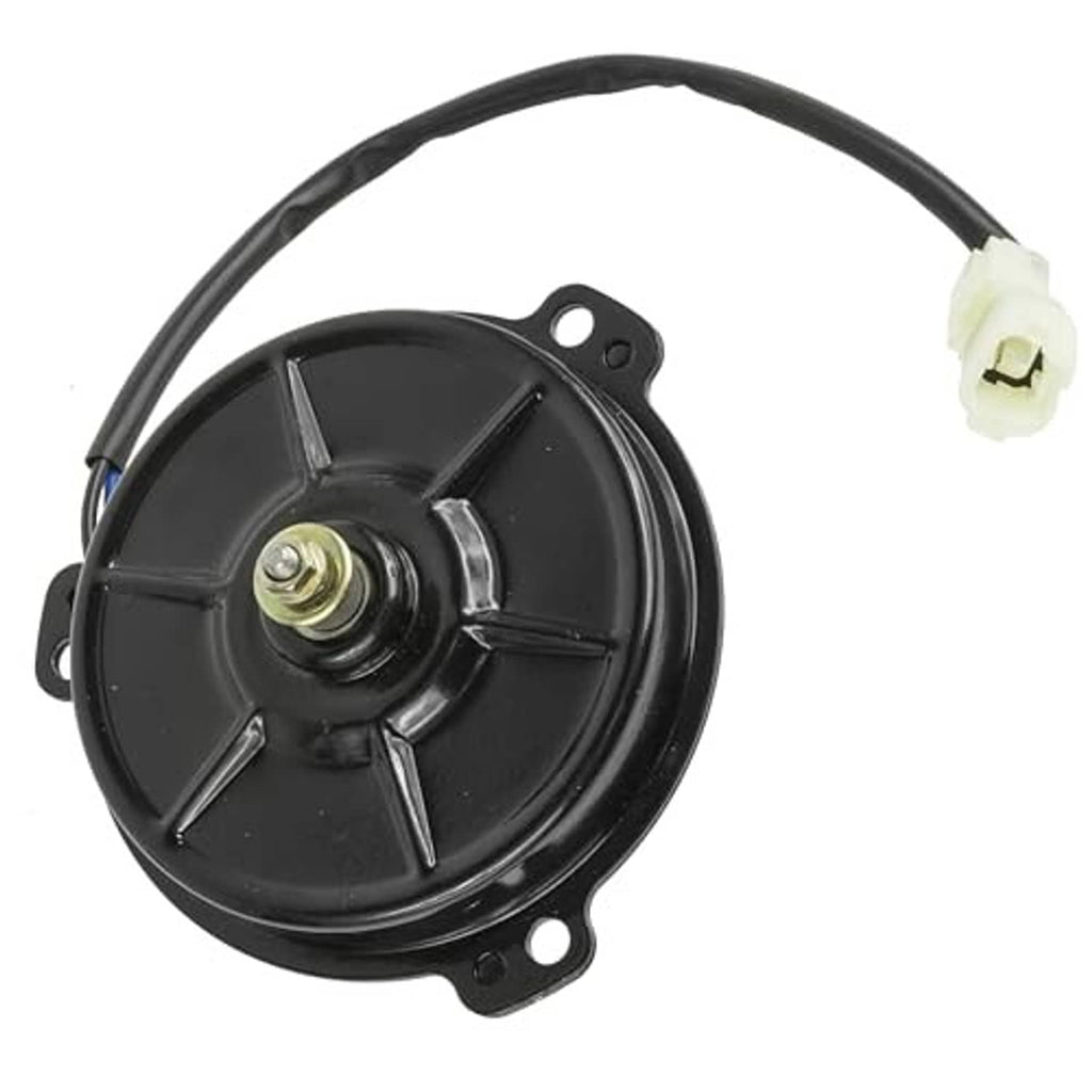 Black radiator cooling fan motor showing circular housing and white wire connector
