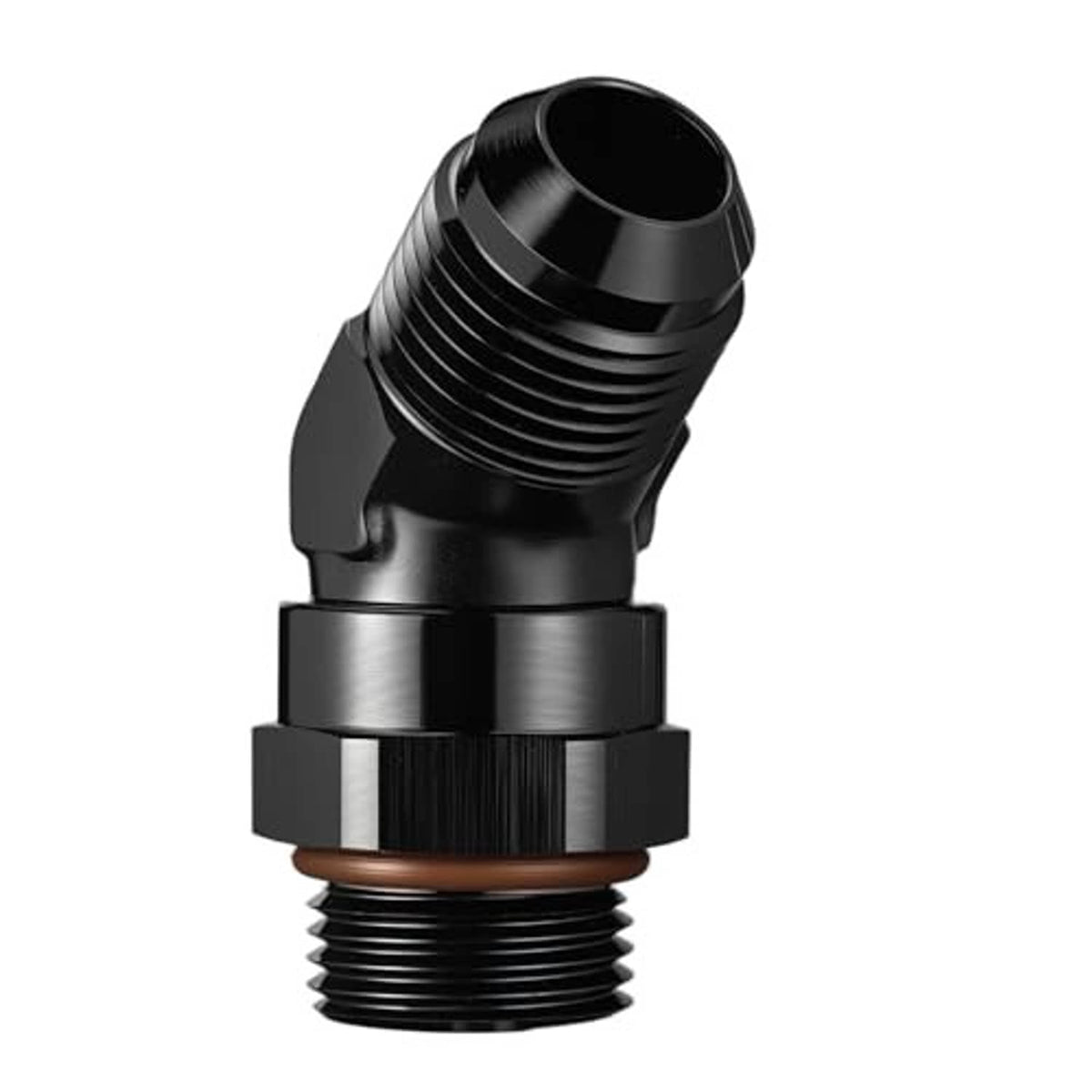 Black 45-degree male AN ORB swivel adapter fitting with ORB end and male threads