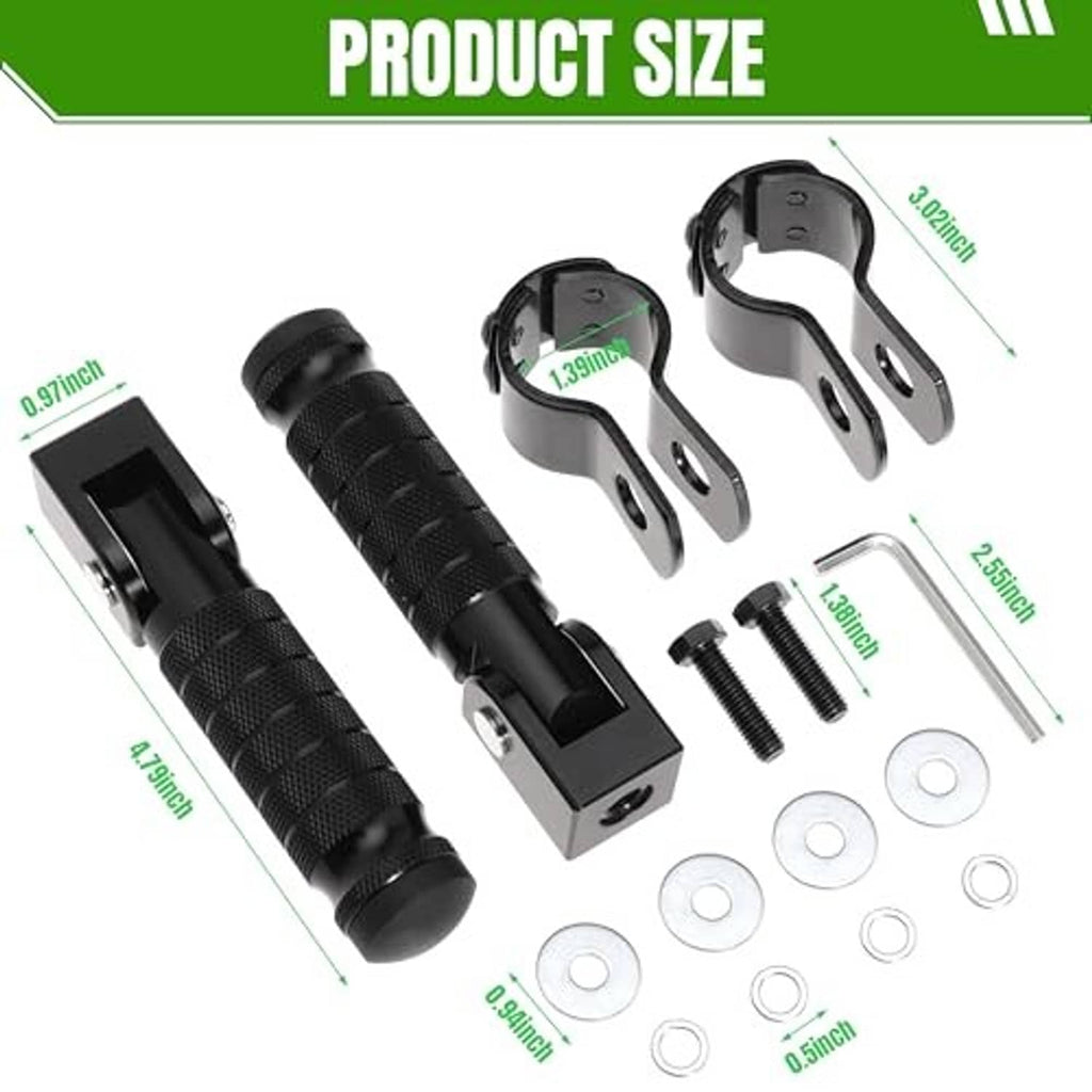 Black motorcycle footrest set with textured grips, mounting plates, and bolts