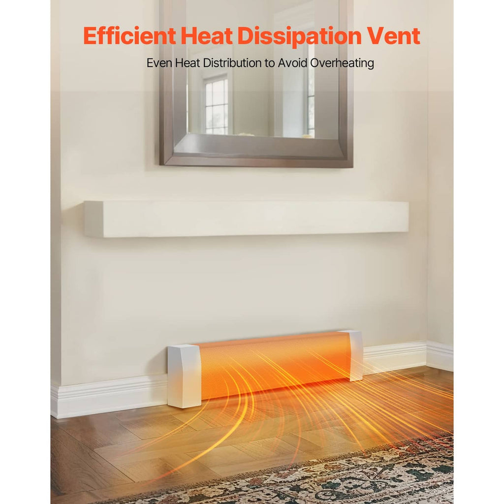 White baseboard heater cover showing a vented front panel with heat flowing illustration