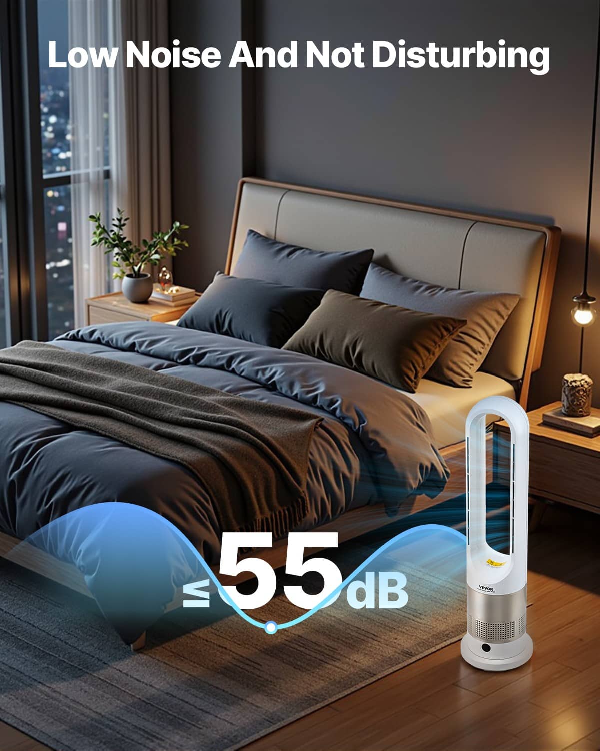 White bladeless tower fan heater for bedroom use with low-noise operation