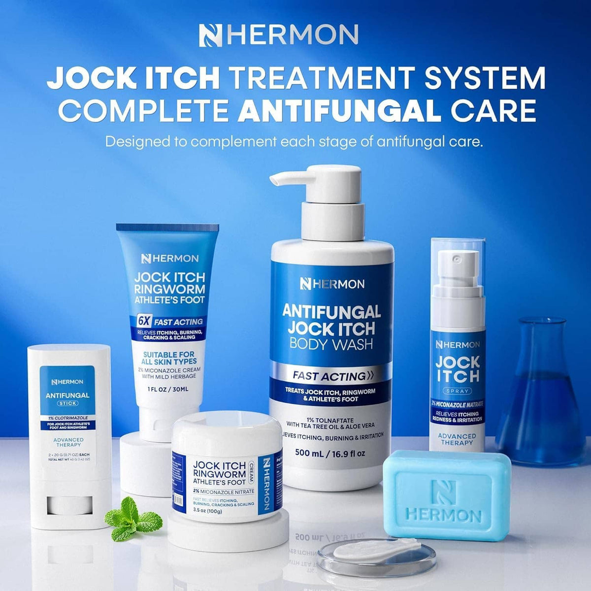 Jock Itch treatment system bottles and jars set, including antifungal cream