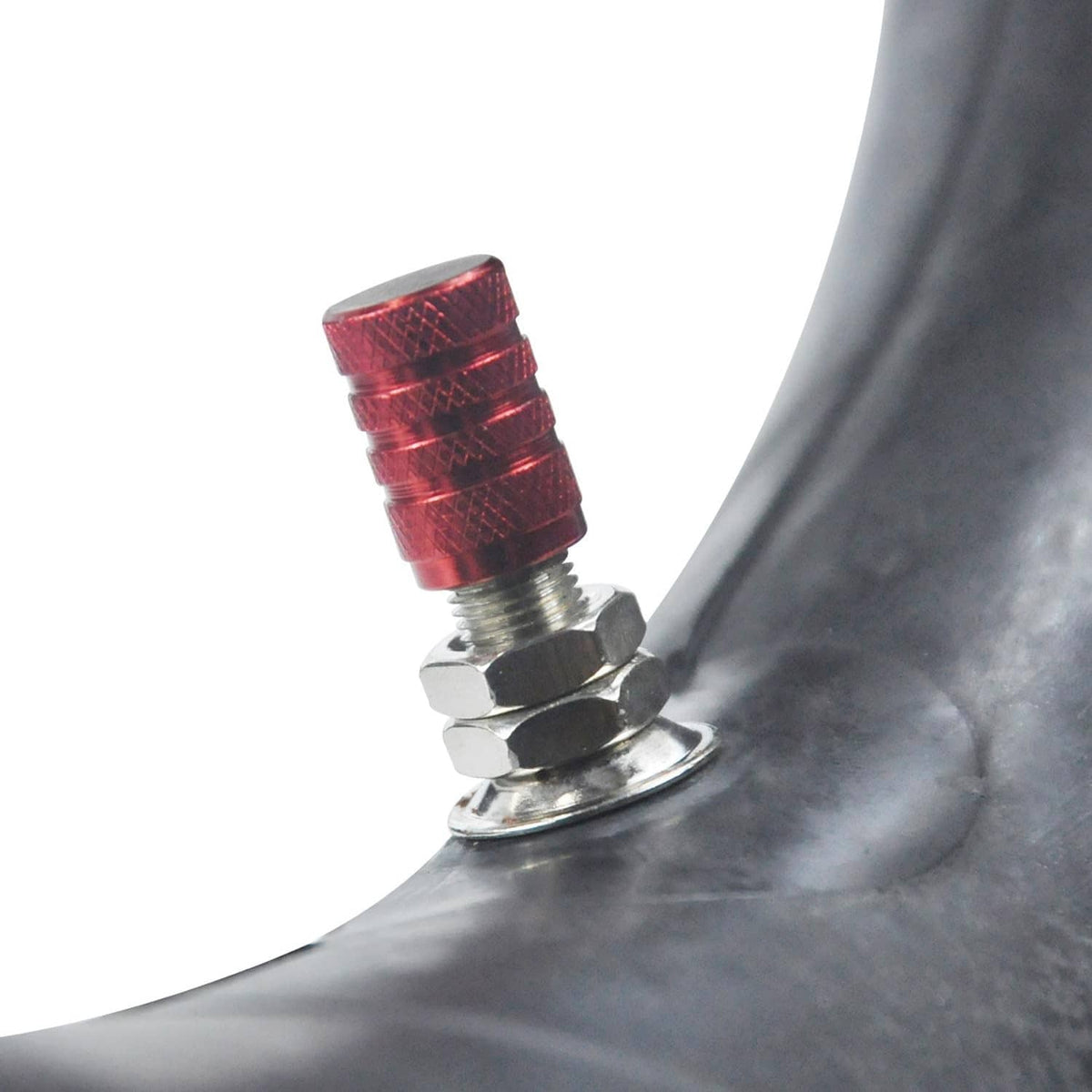 Black inner tube valve stem with red cap and metal base
