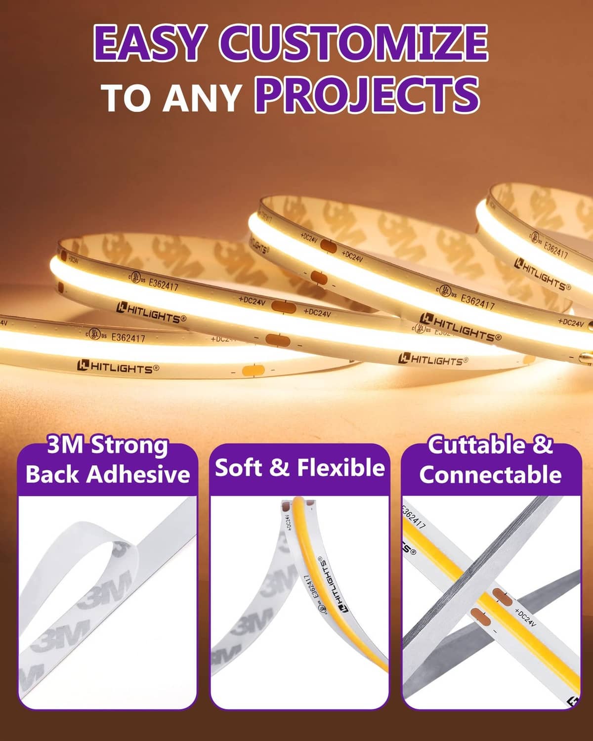 COB LED strip lights with strong 3M adhesive, cuttable and connectable ends