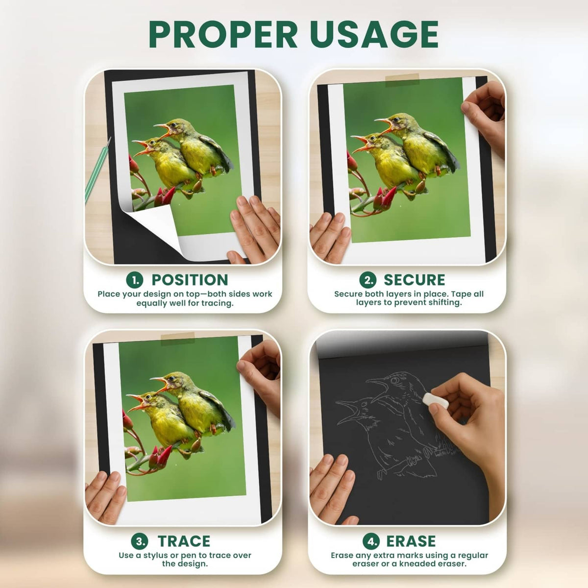 Transfer paper usage steps: place, secure, trace, and erase on dark surfaces