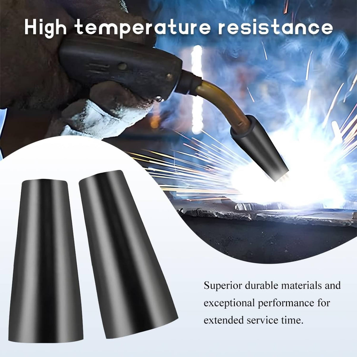 Two black flux core gasless nozzle tips shown over welding sparks