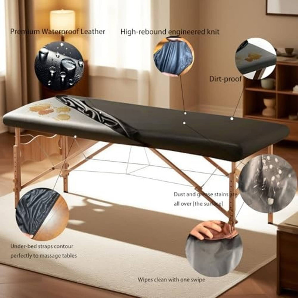 Black waterproof PU leather massage table cover with side straps on wooden bed