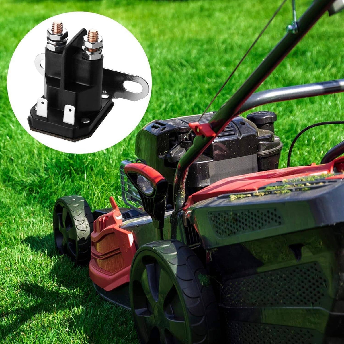 Starter relay solenoid on riding mower; inset shows black base with two copper terminals