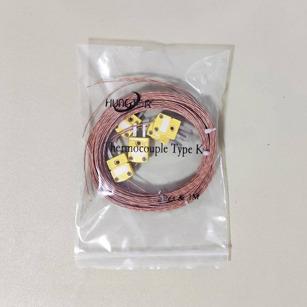 Bagged 5-pack K-type thermocouple probes, yellow connectors on copper wire coils