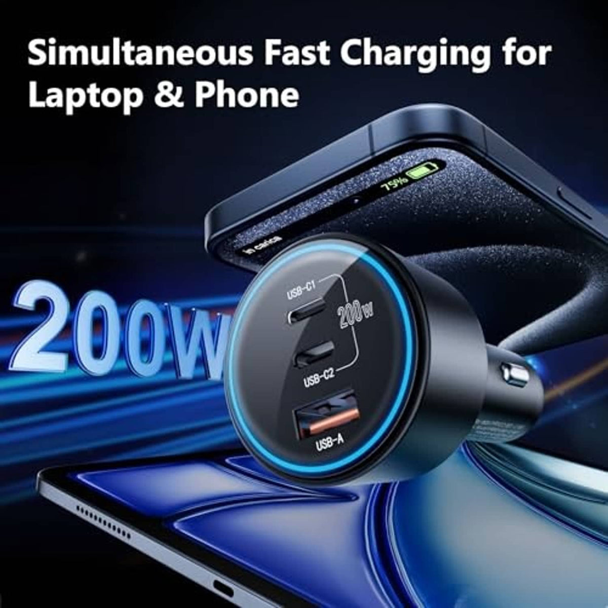 Black car USB charger with blue ring and three visible output ports, angled
