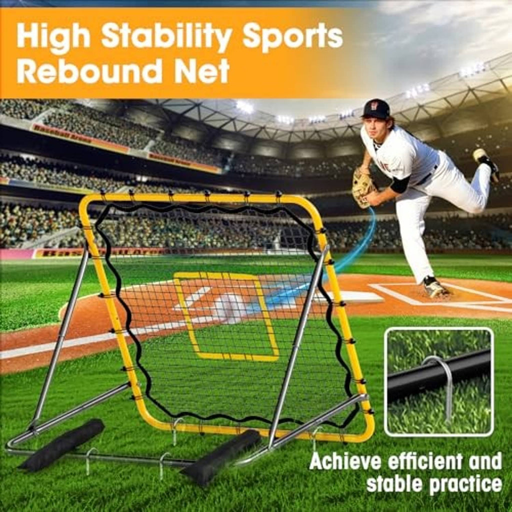 Sports rebound net with yellow frame, black mesh, and square center target