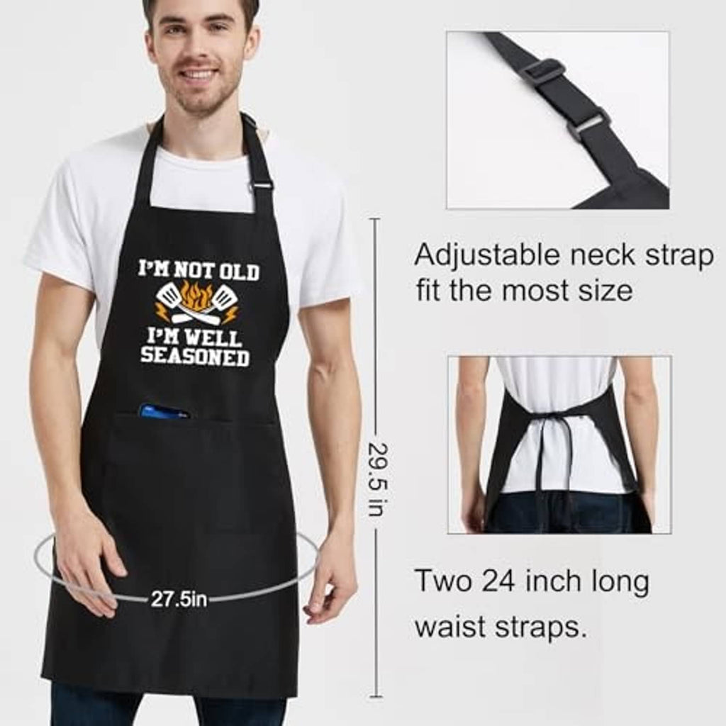 Black apron with adjustable neck strap and two long waist straps (fit graphic)