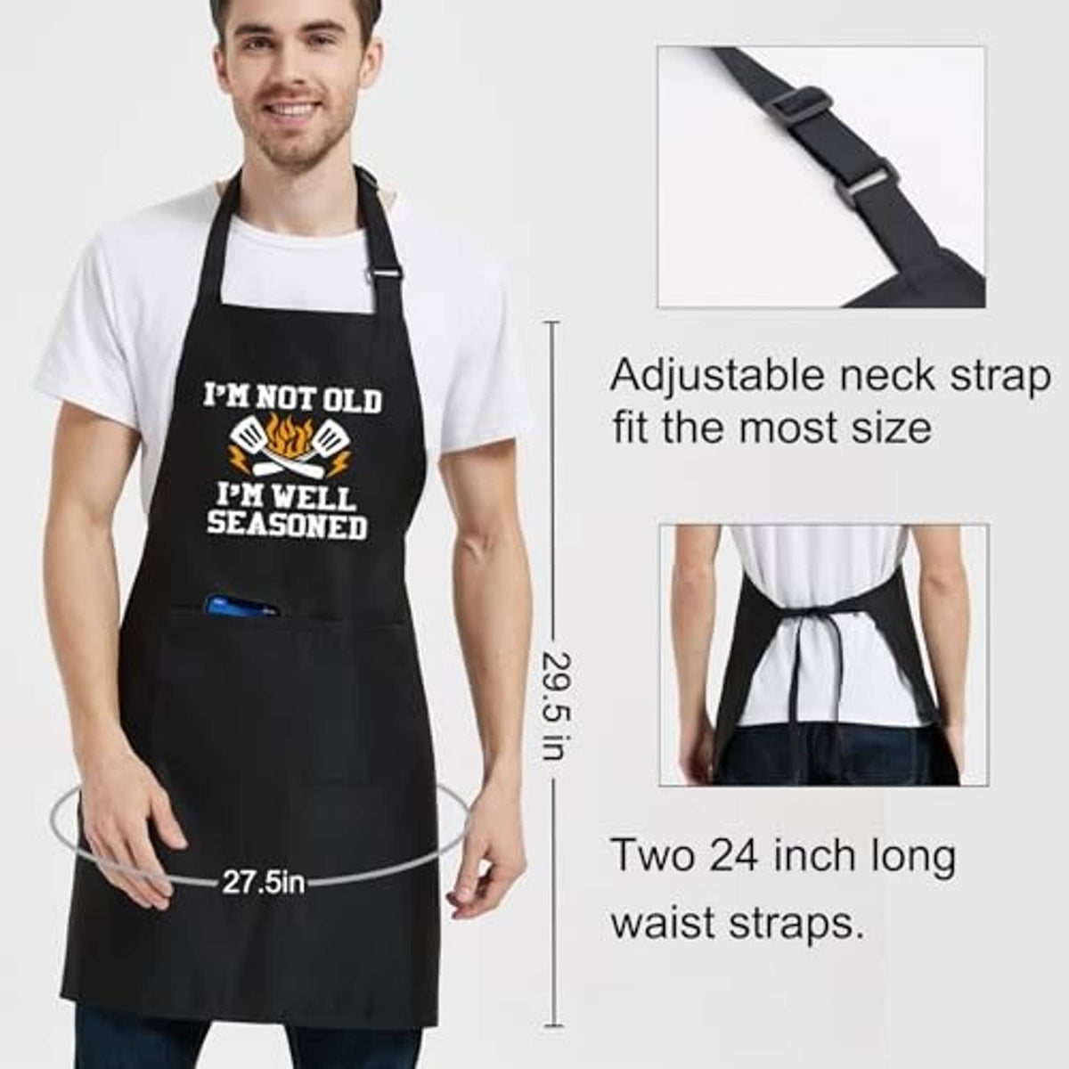 Black apron with adjustable neck strap and two long waist straps (fit graphic)