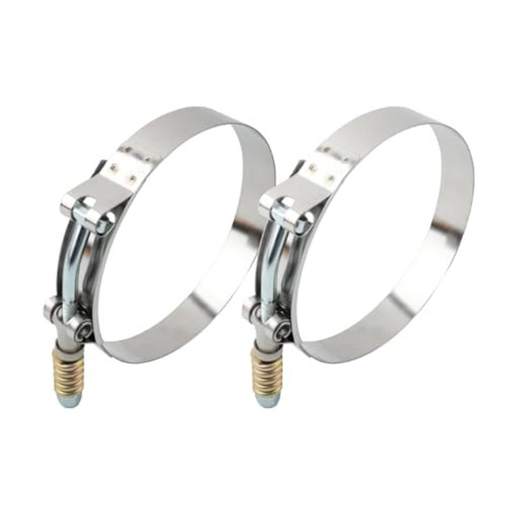 Pair of stainless steel T-bolt hose clamps with reinforced spring and bolt heads