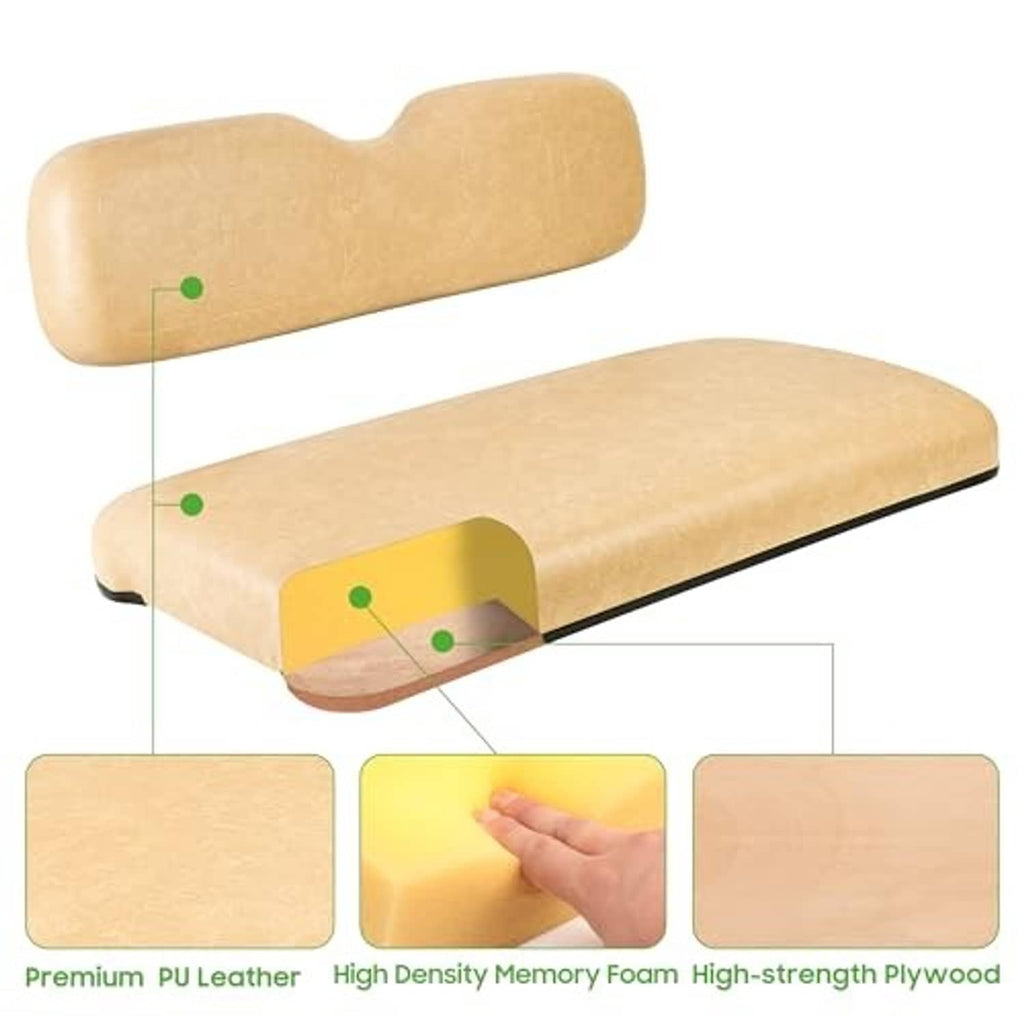 Tan golf cart seat cushion shows PU leather, memory foam, and plywood layers