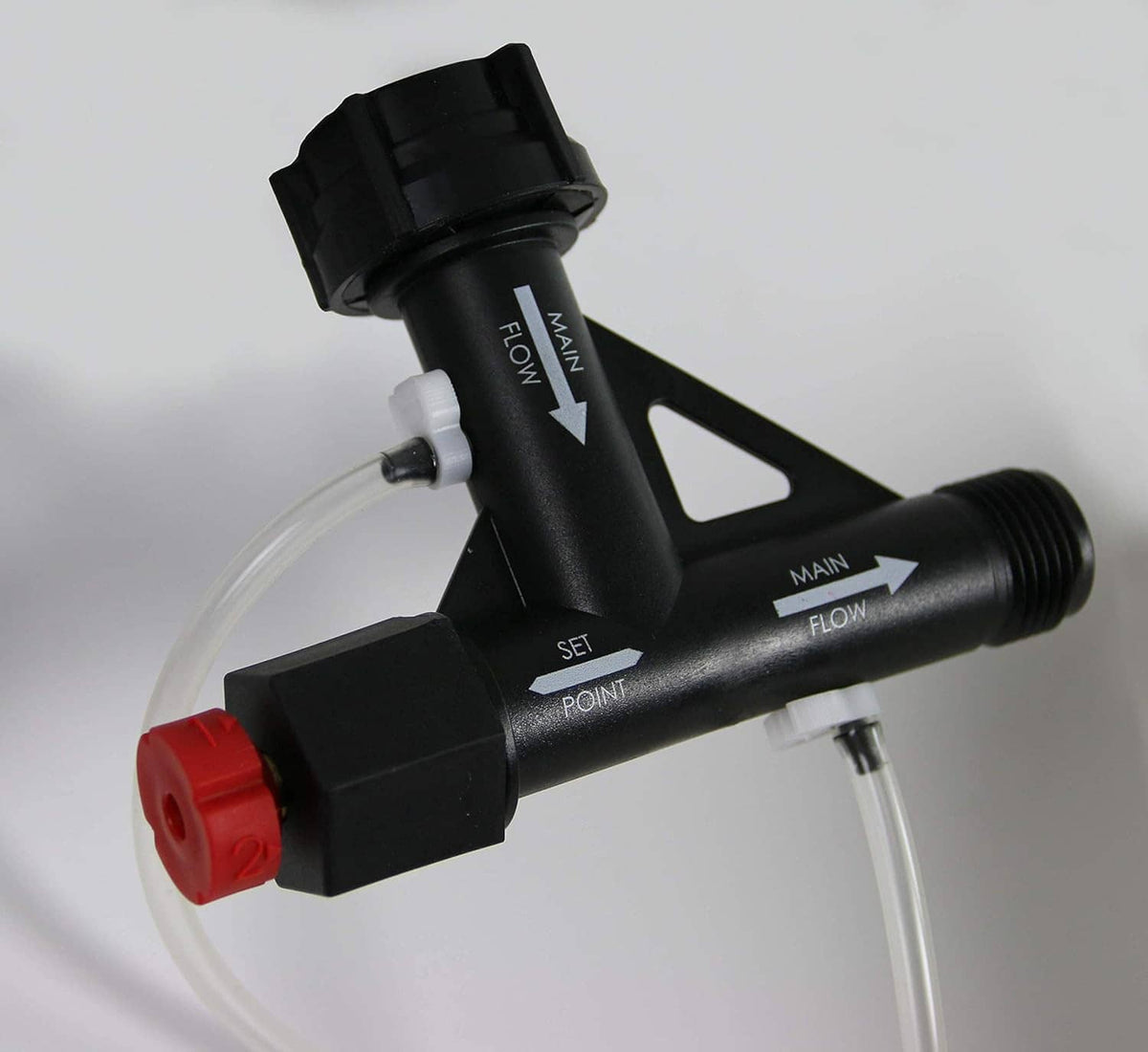 Chapin inline injection valve with FLOW and SET markings and connected inlet hoses