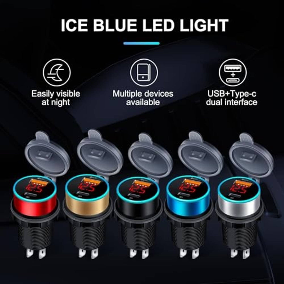 Black USB-C car charger with blue LED voltmeter, multiple color options shown