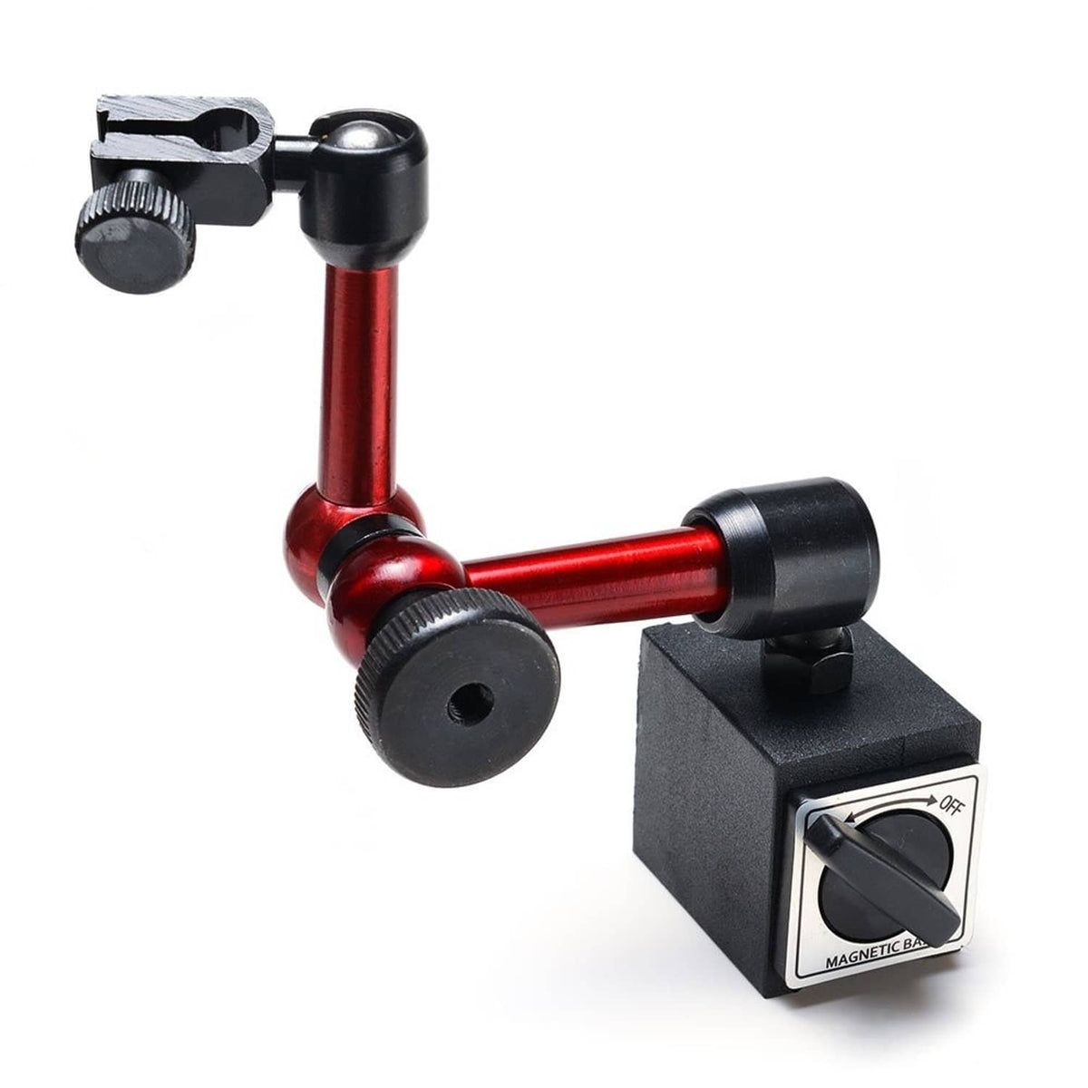 Red magnetic stand dial holder with black base cube and angled support arm