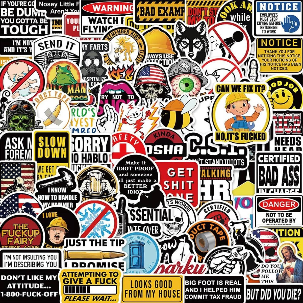 Hard hat sticker sheet filled with sayings, warning icons, and colorful badge graphics