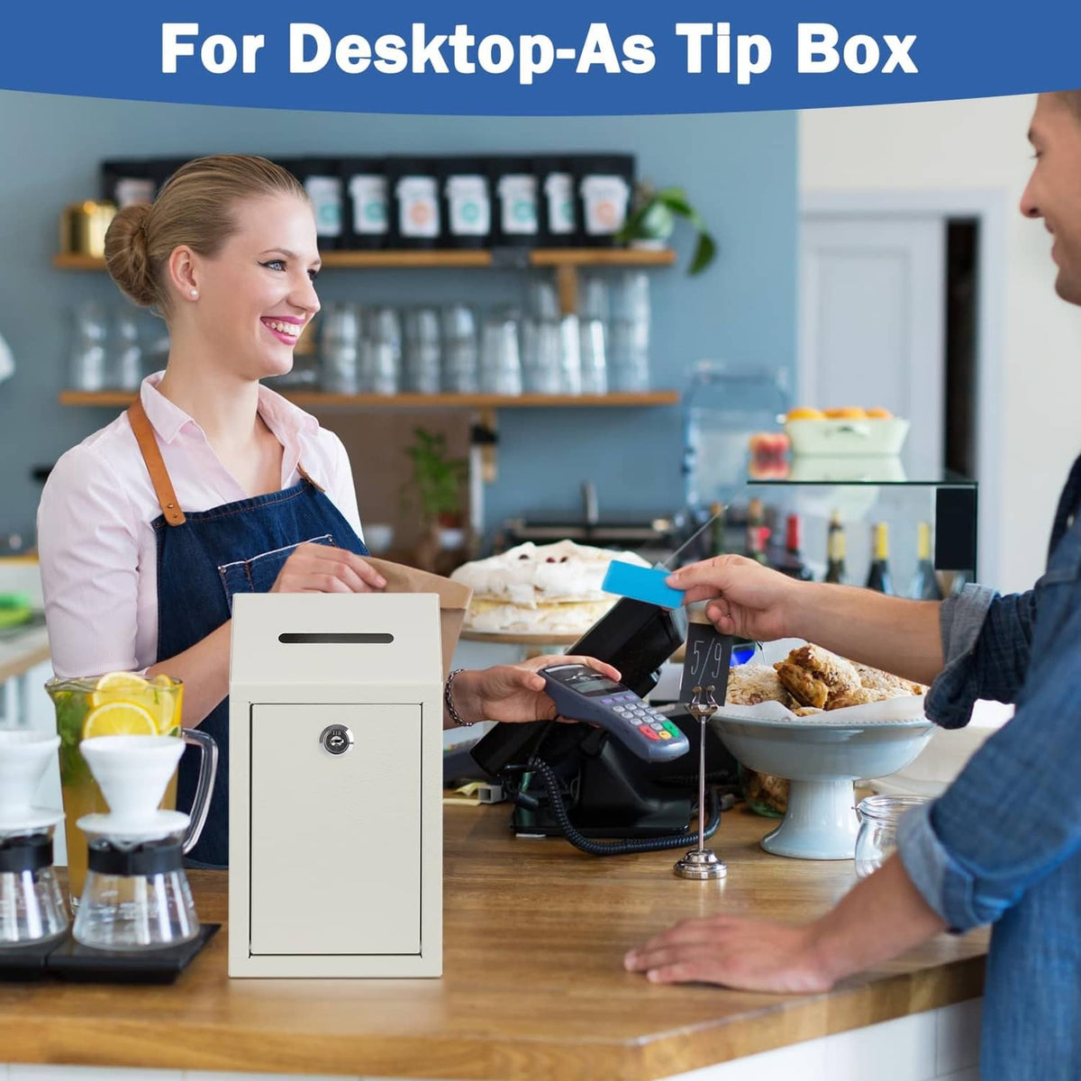 White metal cash drop box for countertop tip-style use with front lock