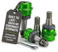 Green DV8 ball joint set with threaded studs, dust boots, and machined metal shafts