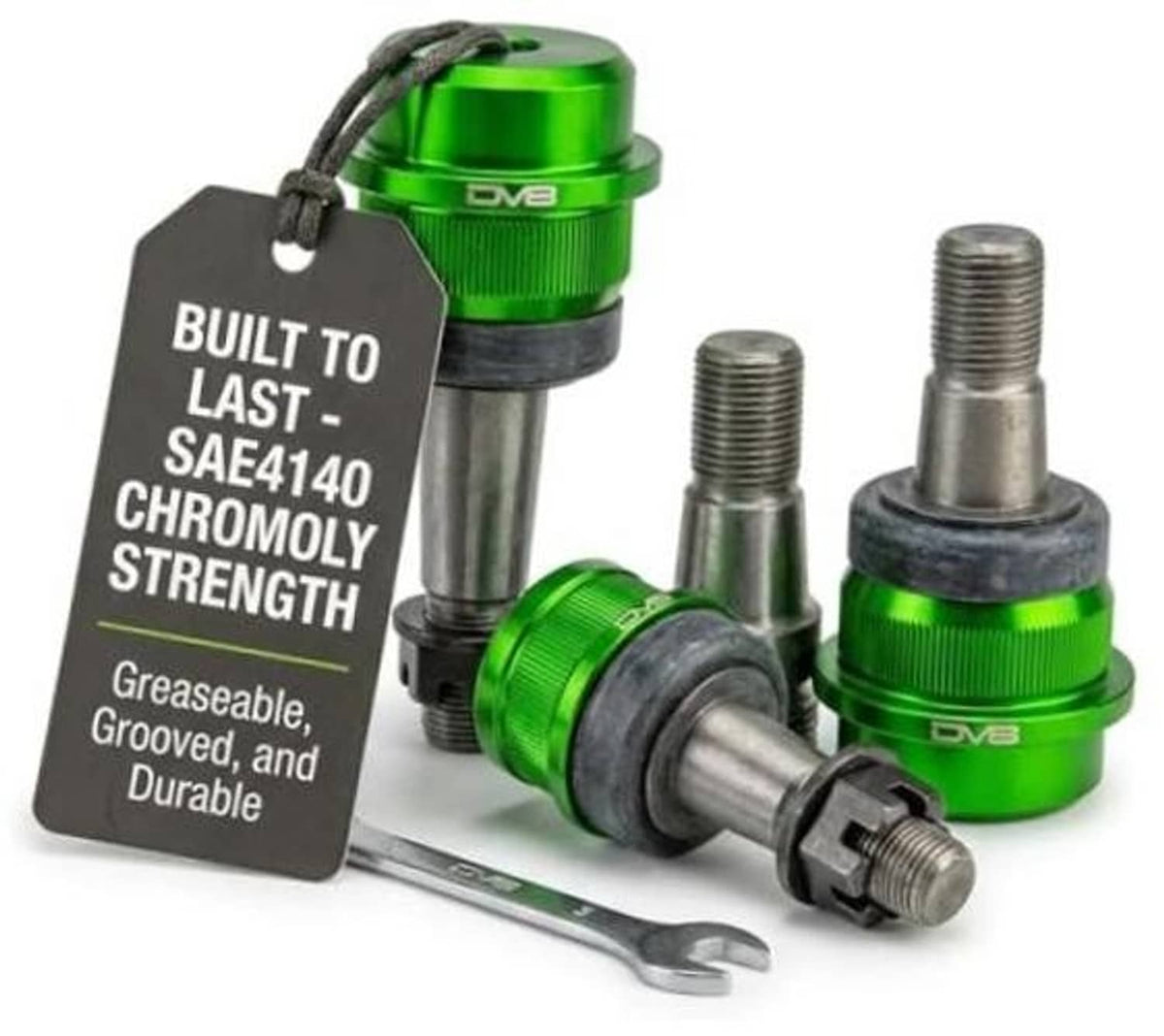 Green DV8 ball joint set with threaded studs, dust boots, and machined metal shafts