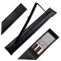 Black leather pool cue case with strap and inner fabric panel holding cue ends