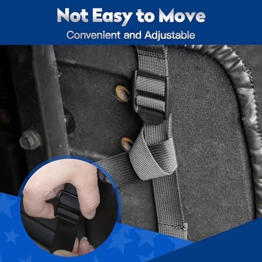 Seat cover with adjustable strap and textured black lining at the backrest edge