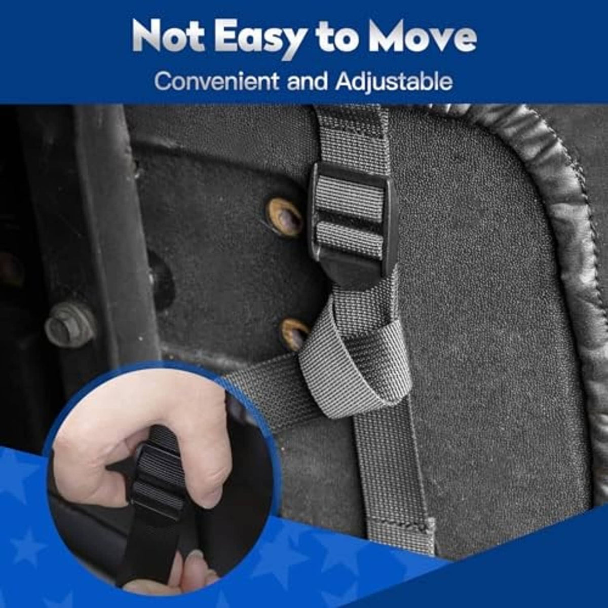 Seat cover with adjustable strap and textured black lining at the backrest edge