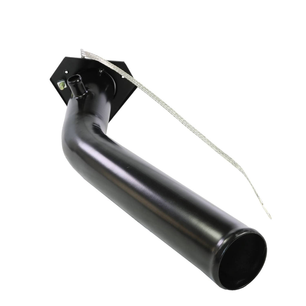 Fuel tank filler neck tube with black mounting bracket and long tether cord
