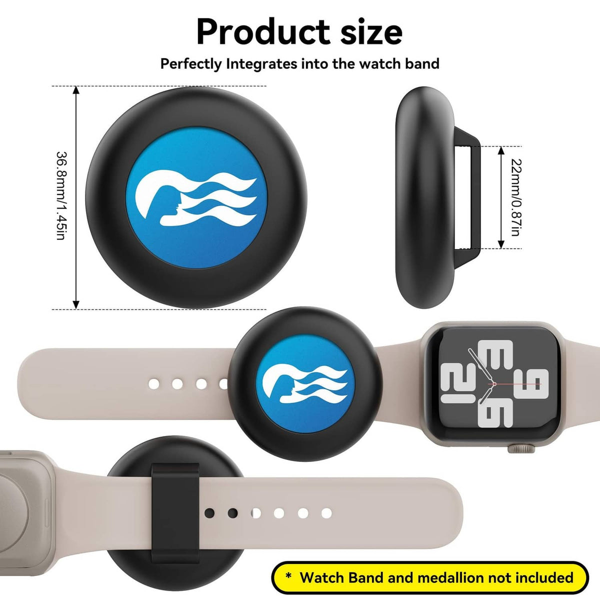 Black silicone watch adapter with round wave medallion insert and watch band