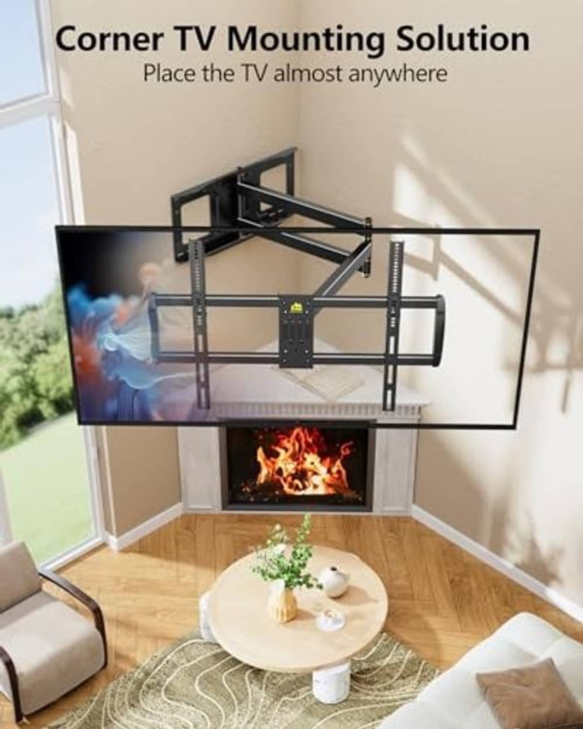Corner TV wall mount solution with angled arms and central VESA plate