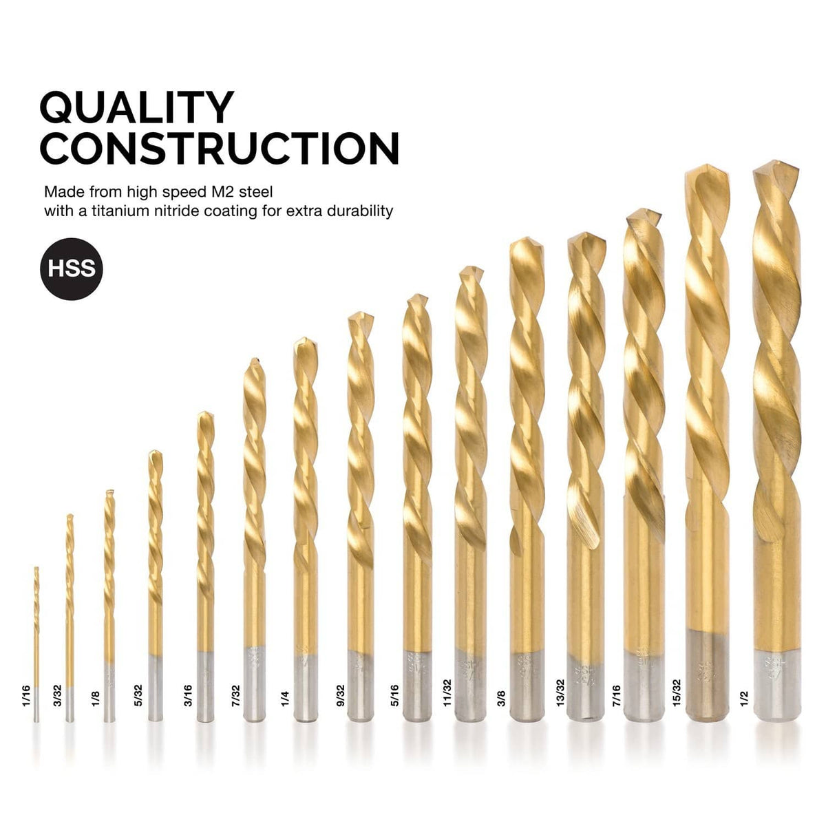 Neiko left-hand drill bit set, gold HSS drill bits with titanium coating in a row