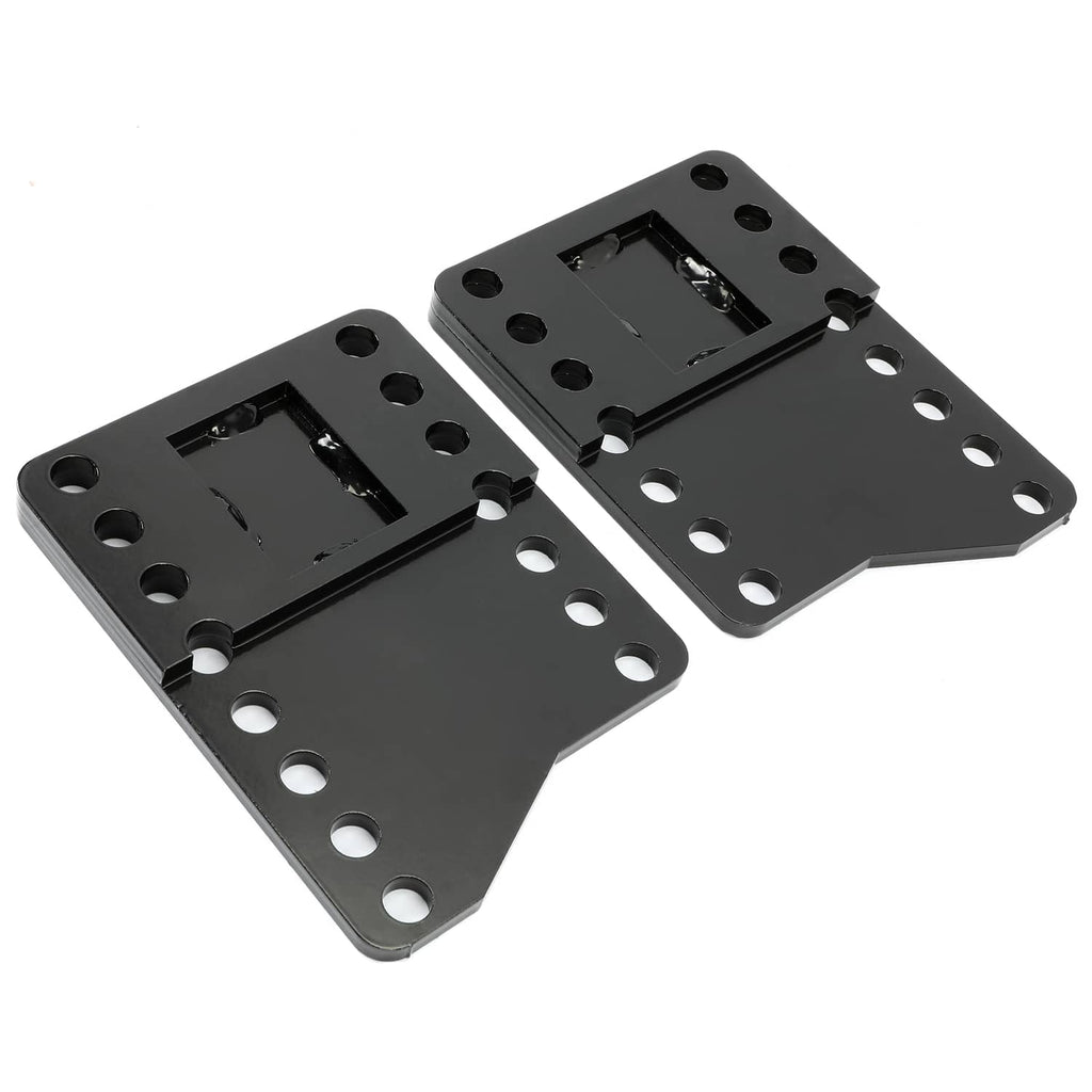Two black steel mounting brackets with rectangular insert openings and hole rows