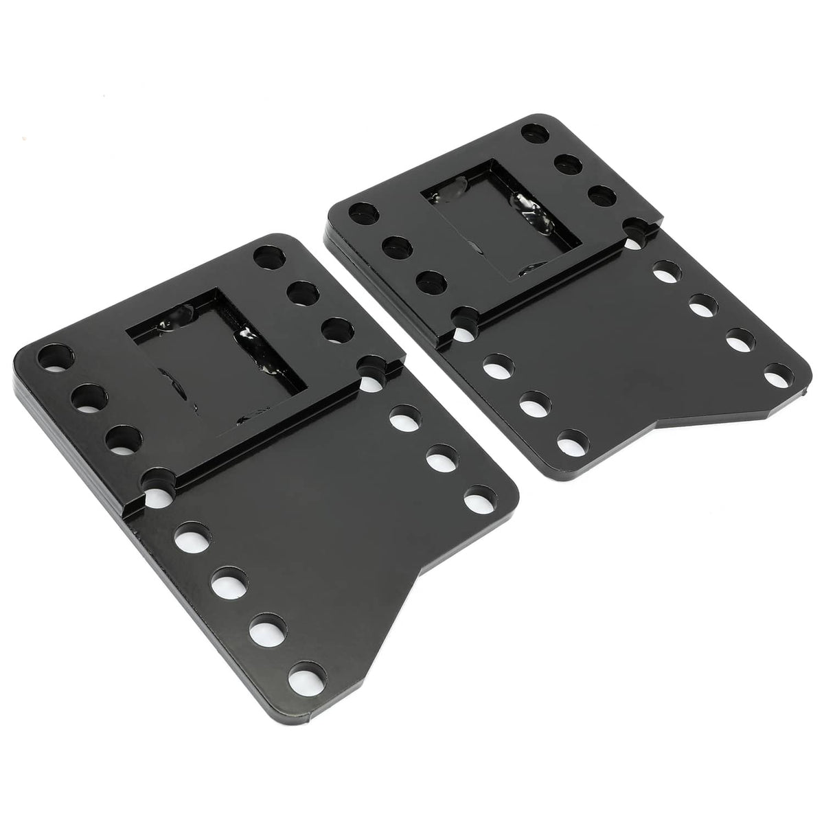 Two black steel mounting brackets with rectangular insert openings and hole rows