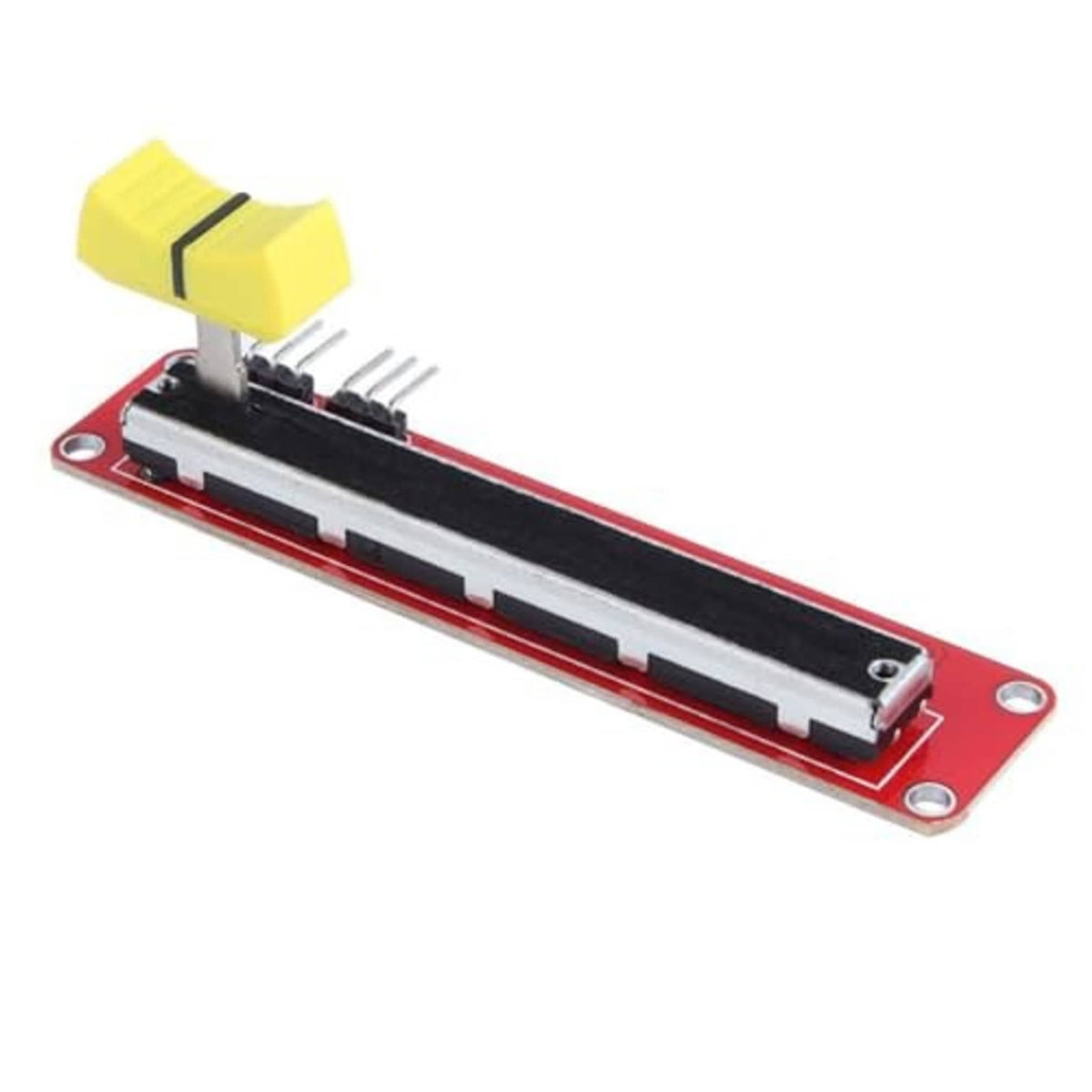 Slide potentiometer module with black track, red PCB, and yellow knob; pin terminals