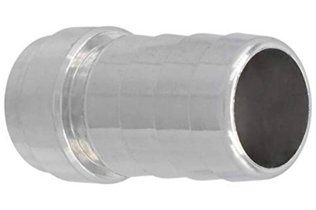 Aluminum weld barb hose fitting with barbed end and round opening, silver with dark interior