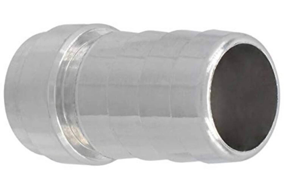 Aluminum weld barb hose fitting with barbed end and round opening, silver with dark interior