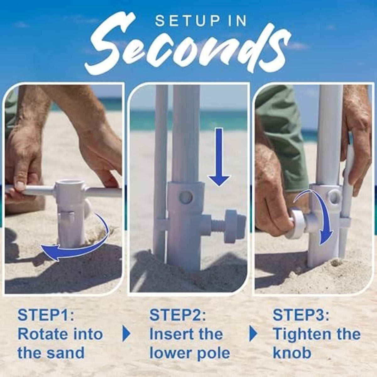 Sand anchor setup for beach umbrella: rotate into sand, insert lower pole, tighten knob