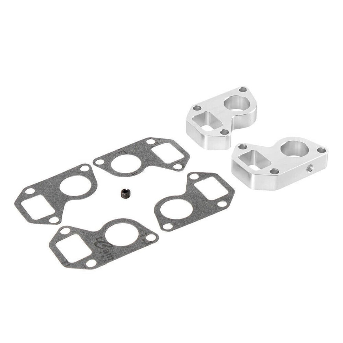 Water pump spacer adapter kit with several black gaskets and two silver spacer blocks