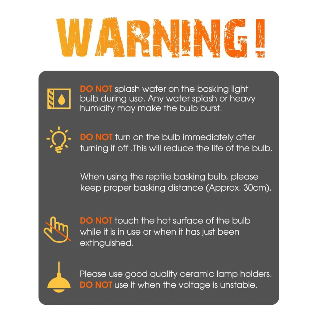Safety warning label for reptile basking heat lamp bulbs with icons and usage notes