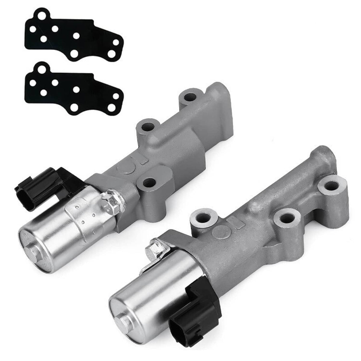 Pair of VVT engine variable timing solenoid valves, gray housing and silver cylinders