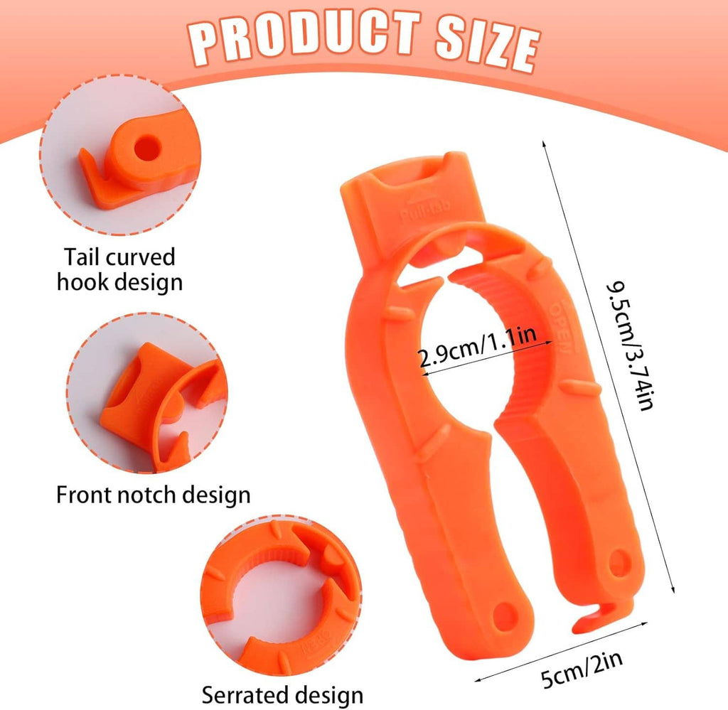 Orange 3-in-1 plastic bottle cap opener, gripper with front notch and serrated grip