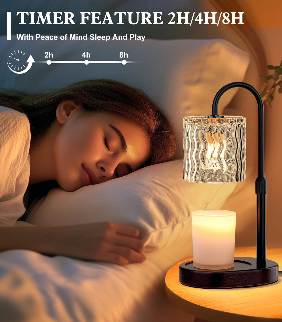 Electric candle warmer lamp with clear wavy glass shade and lit candle on bedside table