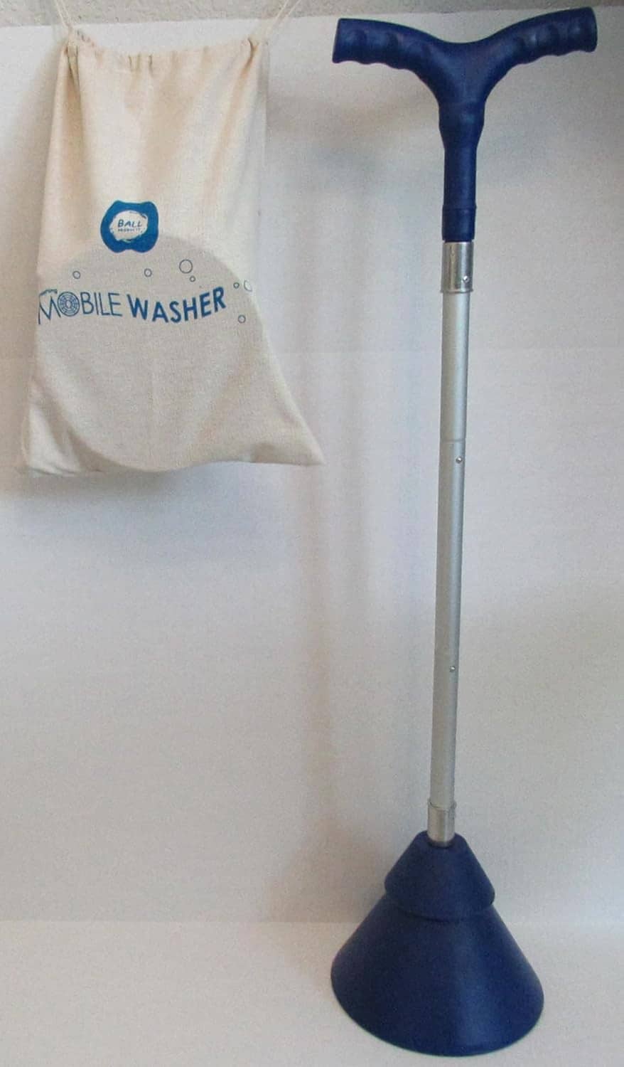 Hand-powered clothes washer assembled with blue cone base and beige storage bag